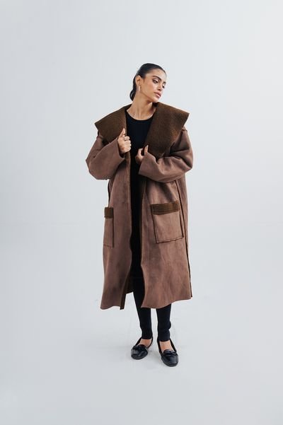 Urban Studio Urban Studio Women's Relaxed Fit Suede Inside Fur Shearling Over coat in Brown - 2