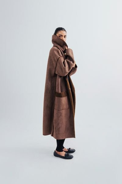 Urban Studio Urban Studio Women's Relaxed Fit Suede Inside Fur Shearling Over coat in Brown - 3