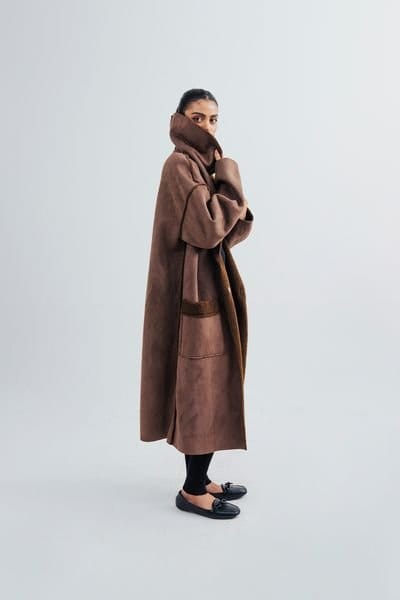 Urban Studio Urban Studio Women's Relaxed Fit Suede Inside Fur Shearling Over coat in Brown - 3