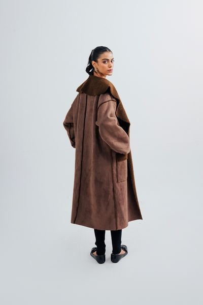 Urban Studio Urban Studio Women's Relaxed Fit Suede Inside Fur Shearling Over coat in Brown - 4