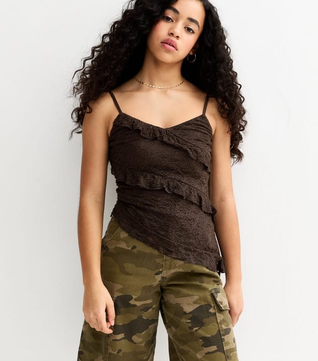 New Look Girls' Dark Brown Ruffle Trim Asymmetric Lace Cami Top New Look - 2