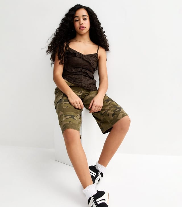 New Look Girls' Dark Brown Ruffle Trim Asymmetric Lace Cami Top New Look - 3