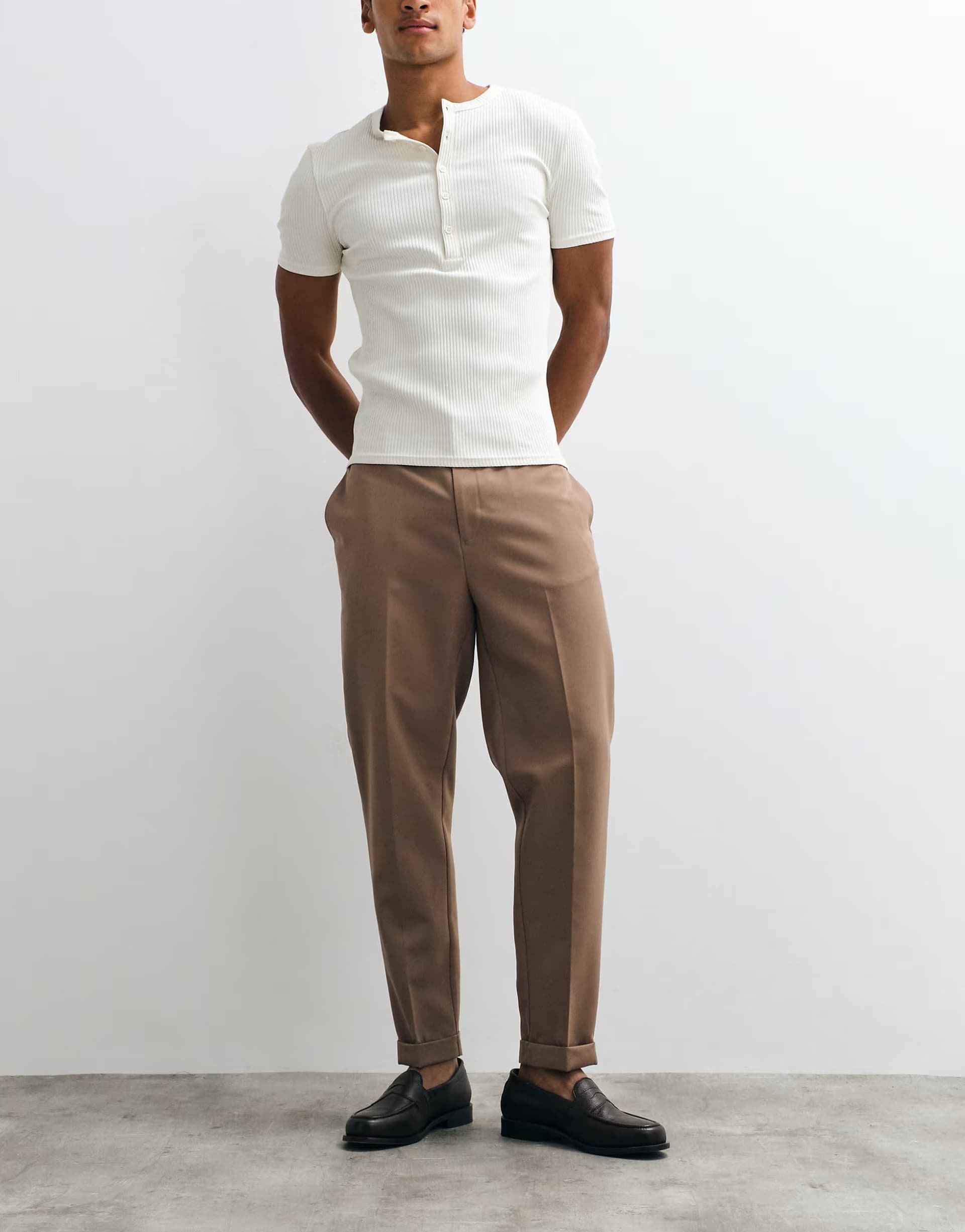 ASOS ASOS DESIGN smart tapered trousers in brown with elasticated waist and turnup