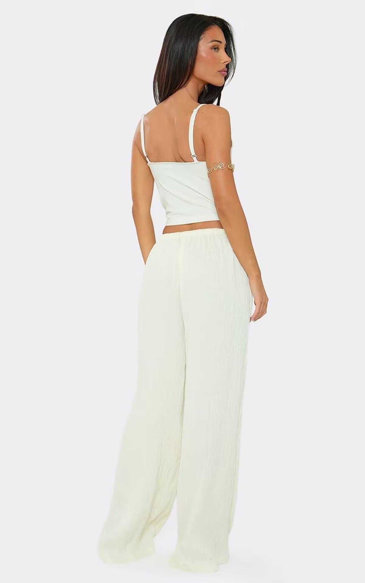 EGO Low Rise Wide Leg Trouser In Cream Textured Woven, Women's Size UK 6