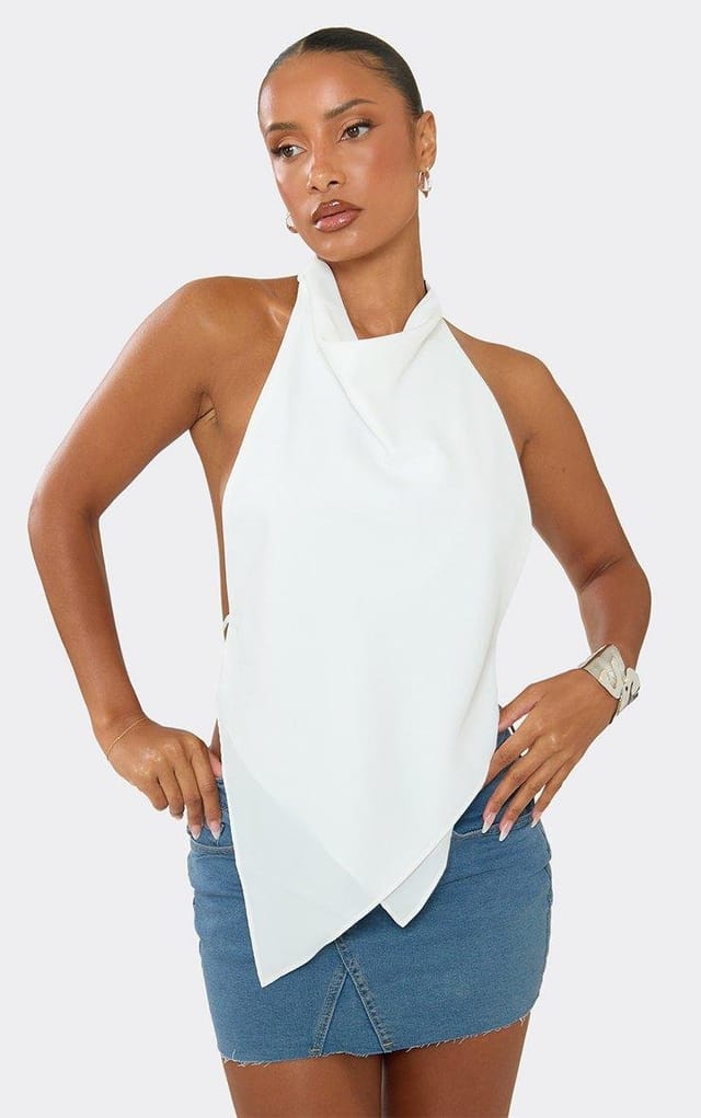 EGO Halter Neck Layered Detail Top In White Chiffon, Women's Size UK 6 - 2
