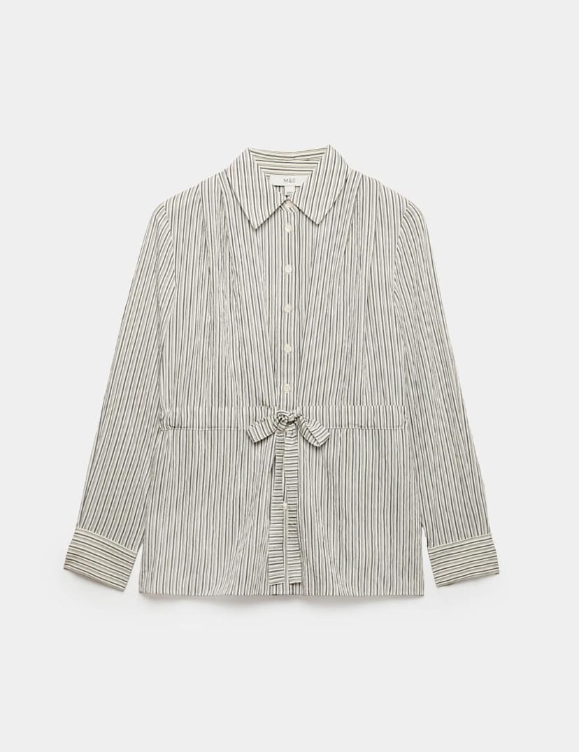 Marks & Spencer M&S Striped Tie Waist Detail Shirt Blue Mix - 1