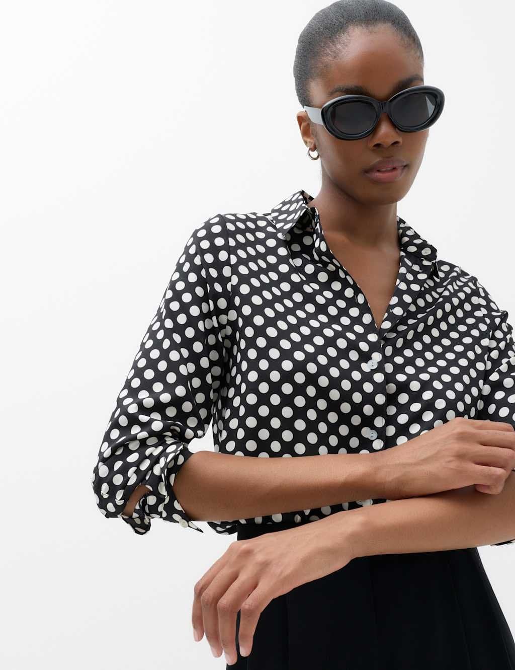Marks & Spencer M&S Polka Dot Collared Neck Shirt Black Mix