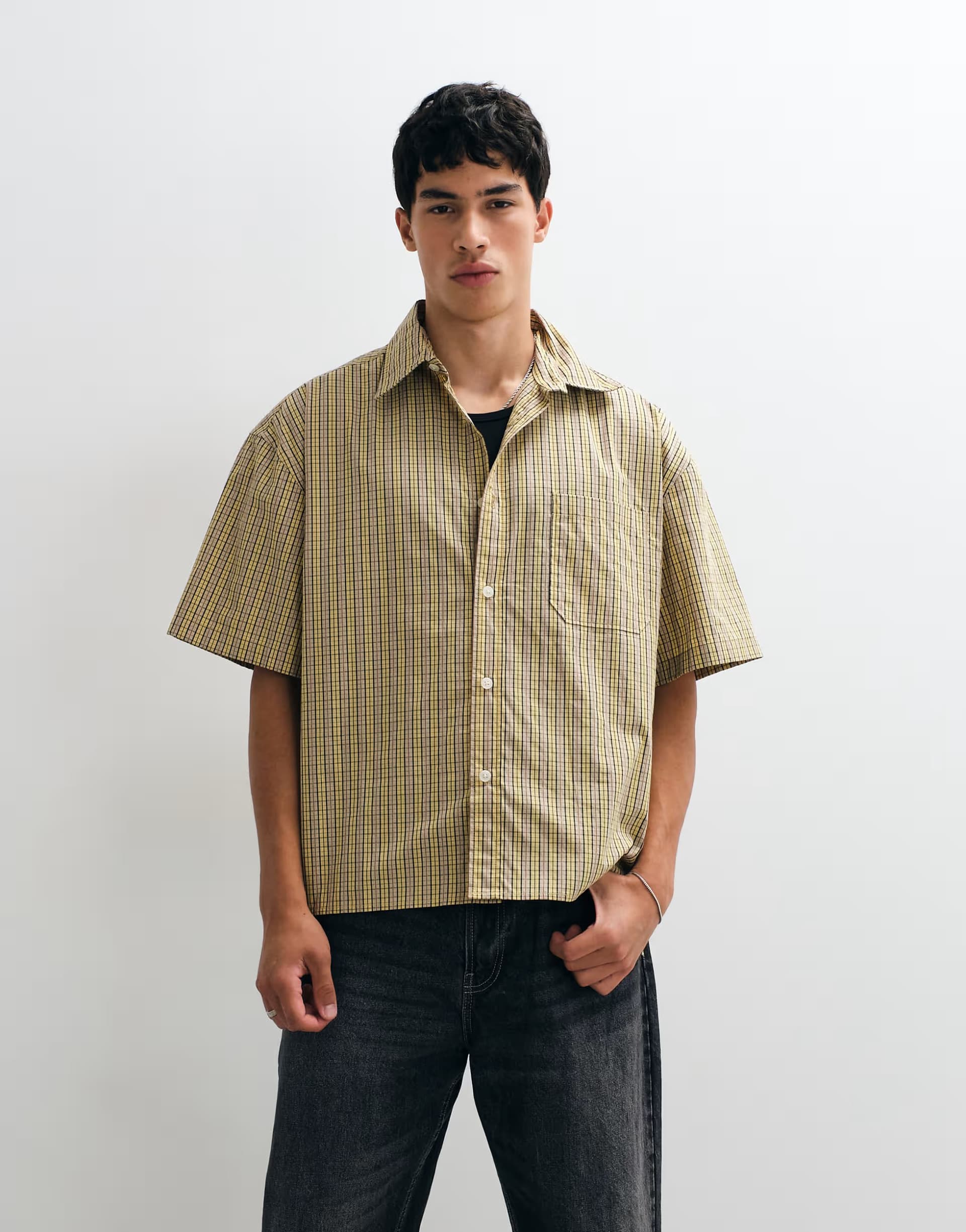 ASOS Jack & Jones short sleeve boxy shirt  in yellow micro check
