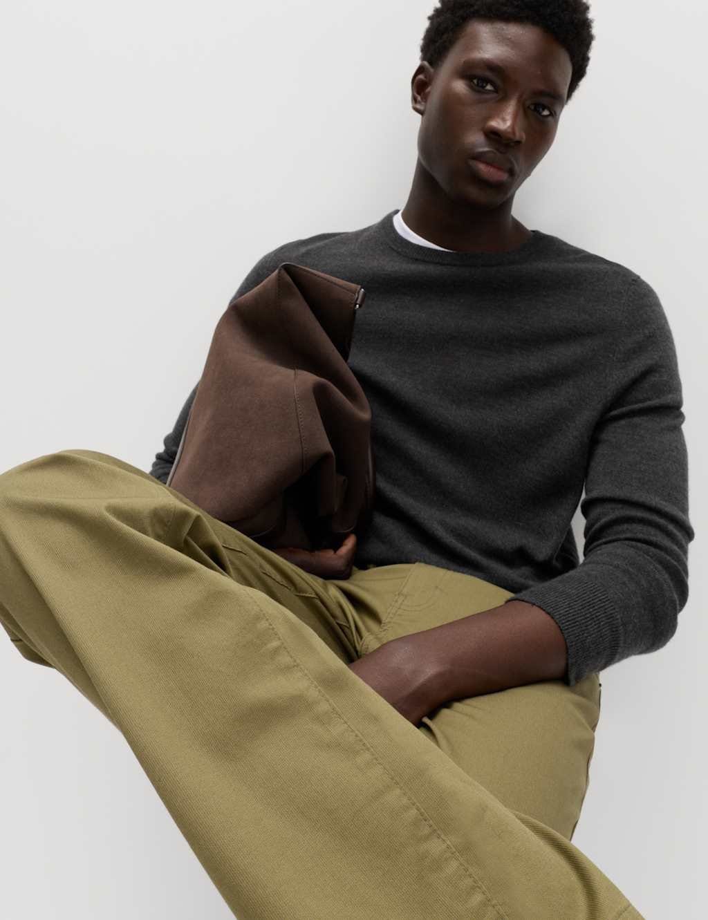 Marks & Spencer M&S Straight Fit Textured 5 Pocket Trousers Khaki - 1