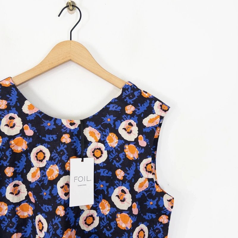 foil Foil Floral Pure Linen Sleeveless Top Size 14 NEW Black Blue Multi RRP £74.99 - 1