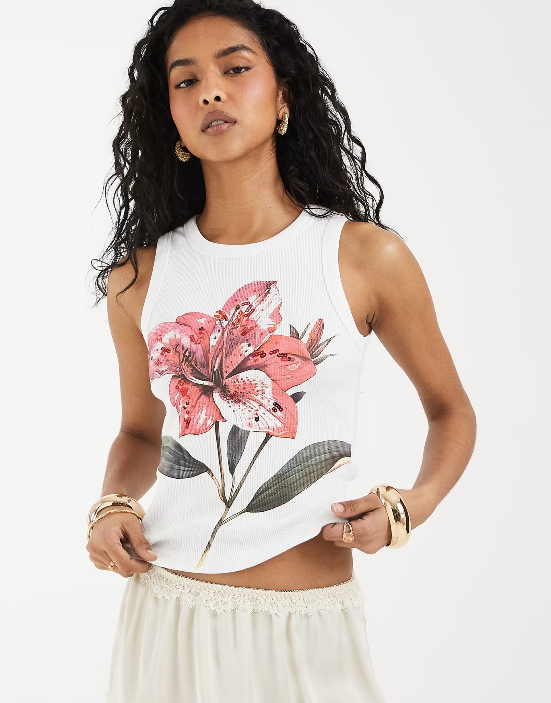 ASOS DESIGN White Ribbed Vest with Embellished Flower Graphic