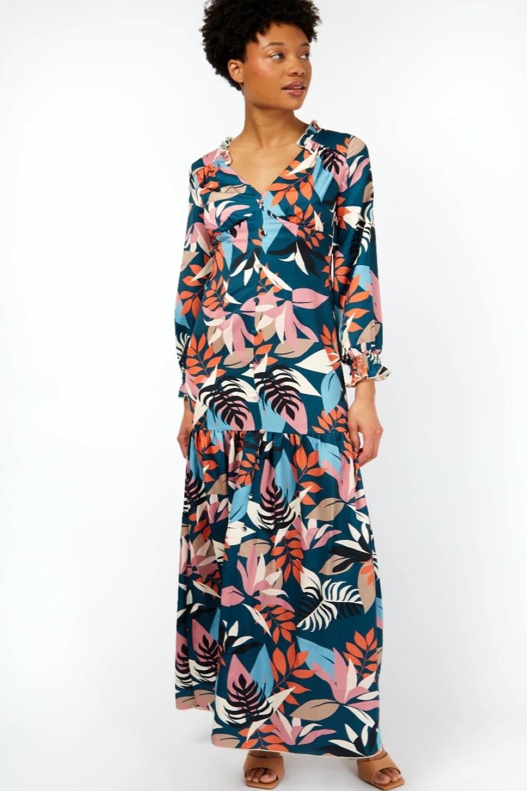 Little Mistress Little Mistress Women's Barcelona Leaf Print Satin Frill Maxi Dress