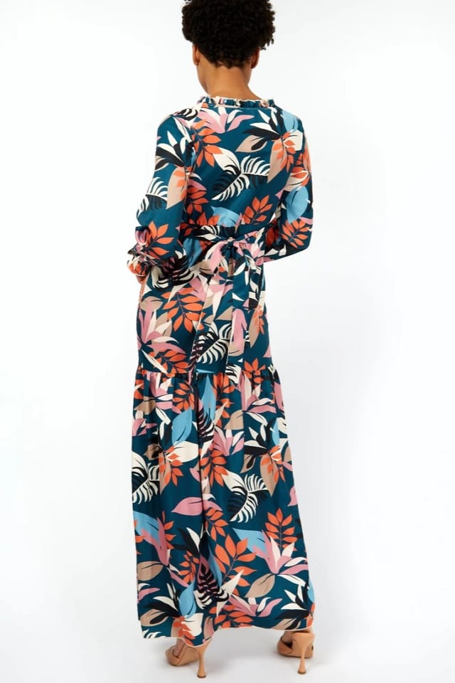 Little Mistress Little Mistress Women's Barcelona Leaf Print Satin Frill Maxi Dress - 2