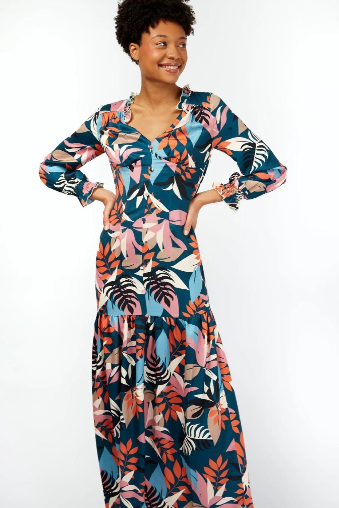 Little Mistress Little Mistress Women's Barcelona Leaf Print Satin Frill Maxi Dress - 4