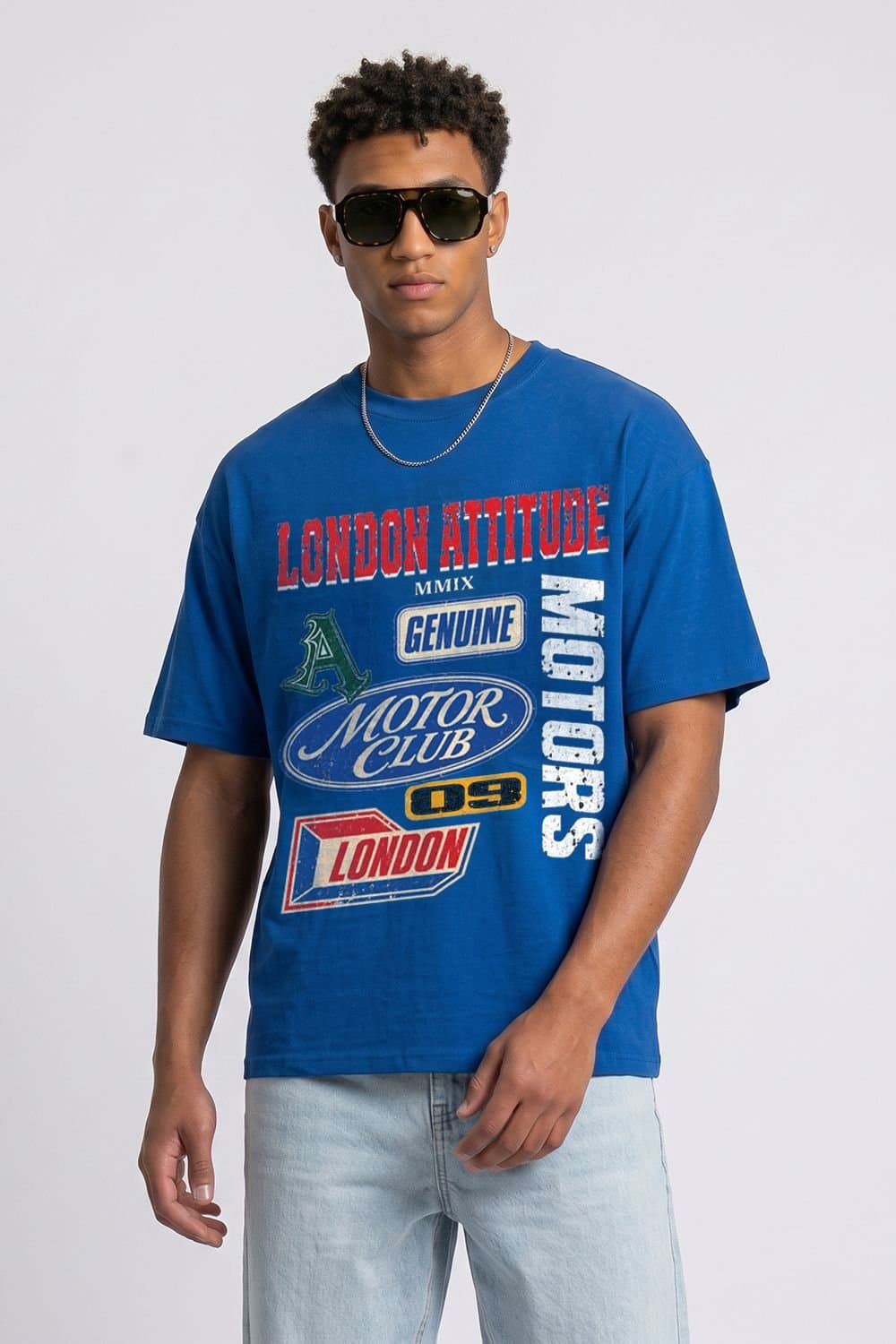 LONDON ATTITUDE LONDON ATTITUDE Men's Oversized Heavyweight Vintage Racing T-Shirt in Royal