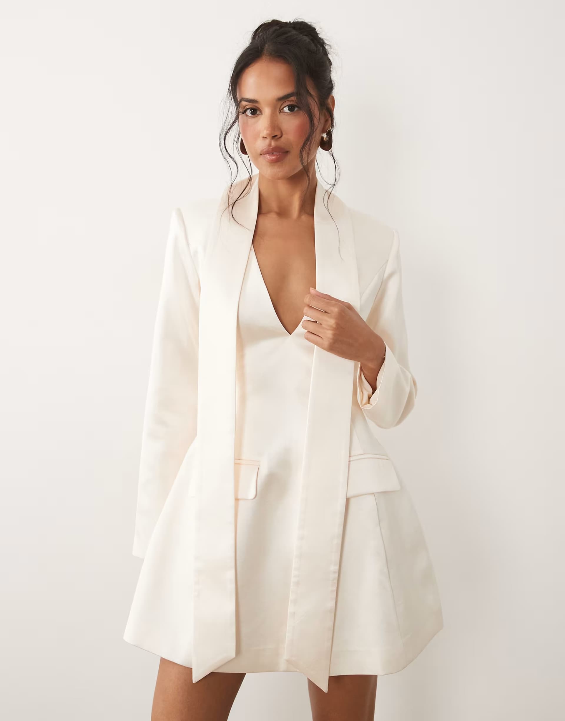 ASOS TFNC satin scarf detail v neck with shoulder pad detail mini dress in ivory