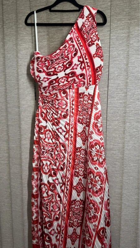 GLAMIFY Red white one shoulder pleated midi dress cut out waist wedding guest holiday glam