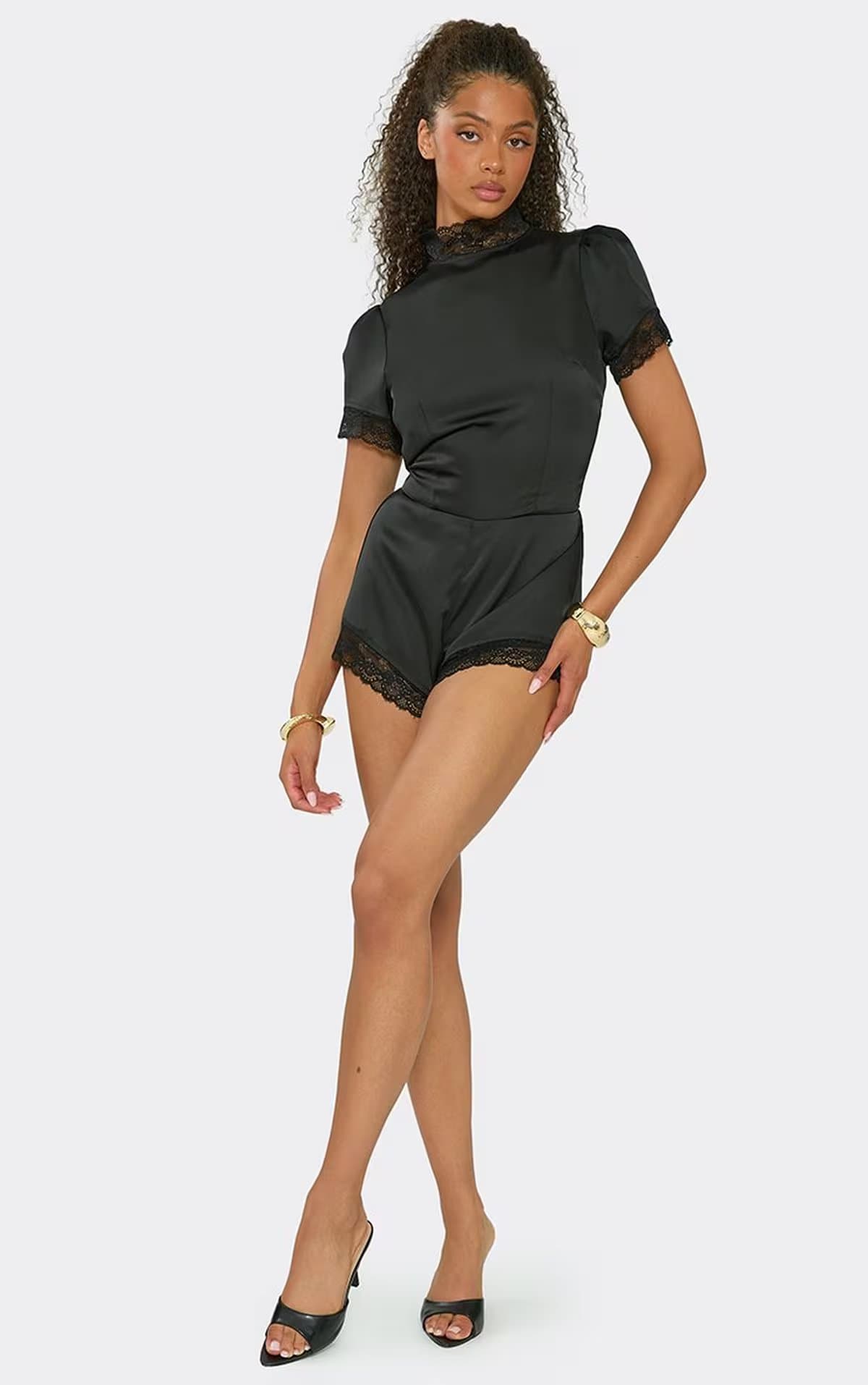 EGO Short Sleeve High Neck Lace Trim Playsuit In Black Satin, Women's Size UK 14