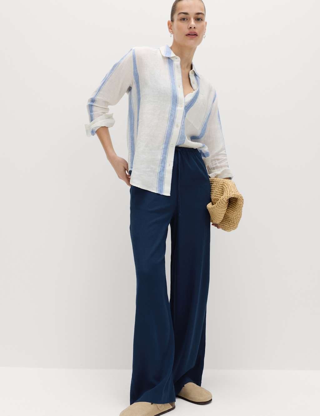 Marks & Spencer M&S Linen Rich Drawstring Wide Leg Trousers Navy