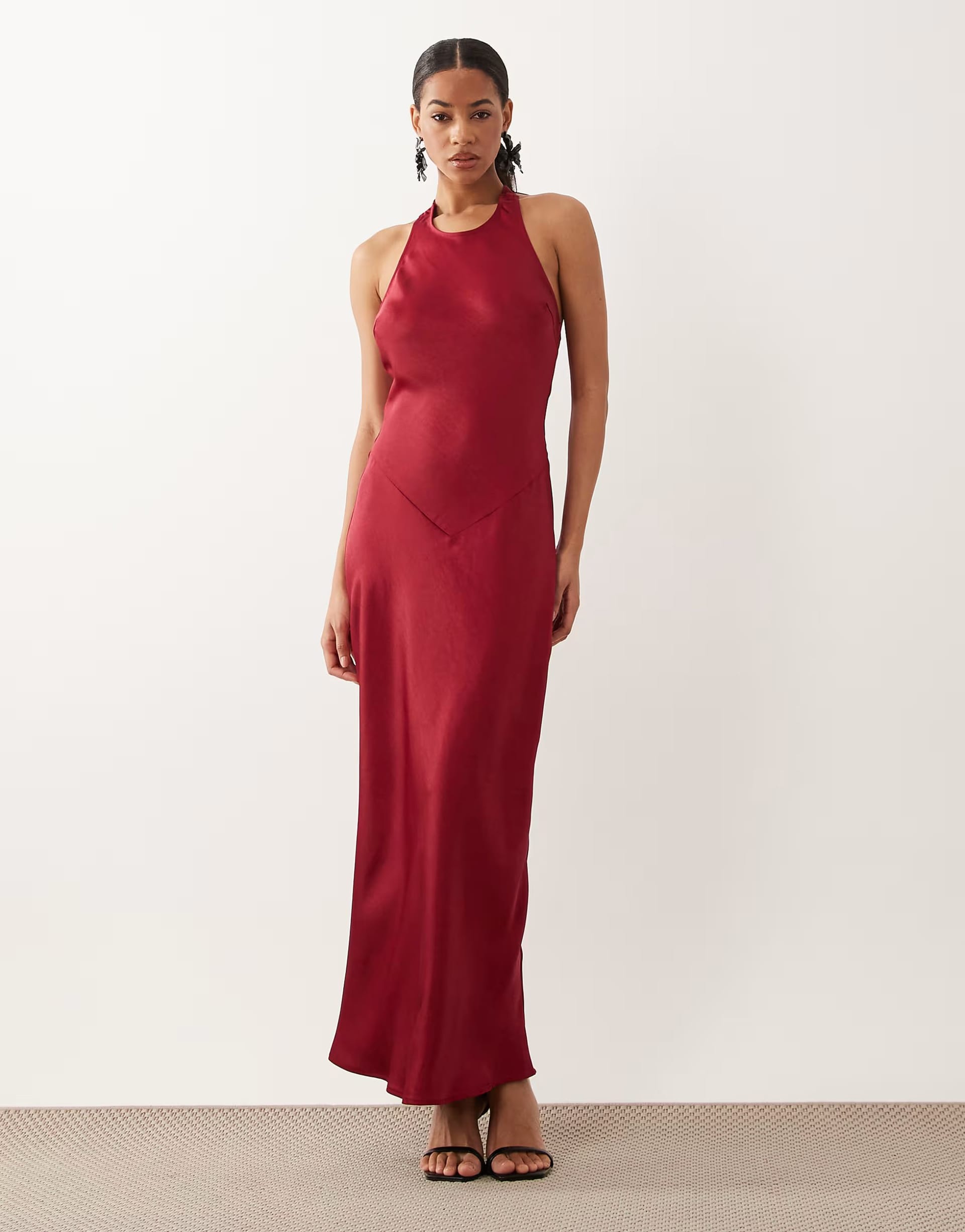 ASOS Red Satin Racer Halter Bow Detail Maxi Dress
