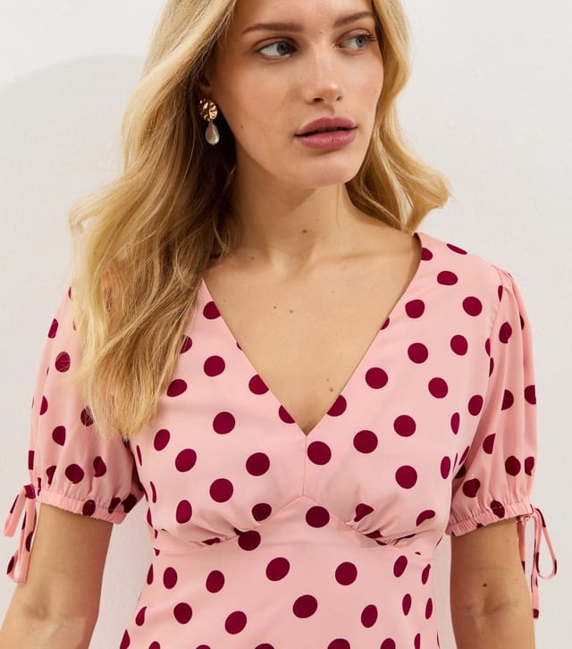 New Look Women's Pink Crepe Polka Dot Tie Sleeve Mini Dress New Look - 2