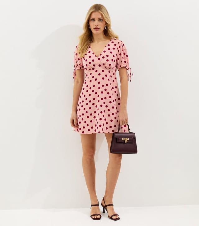 New Look Women's Pink Crepe Polka Dot Tie Sleeve Mini Dress New Look - 3