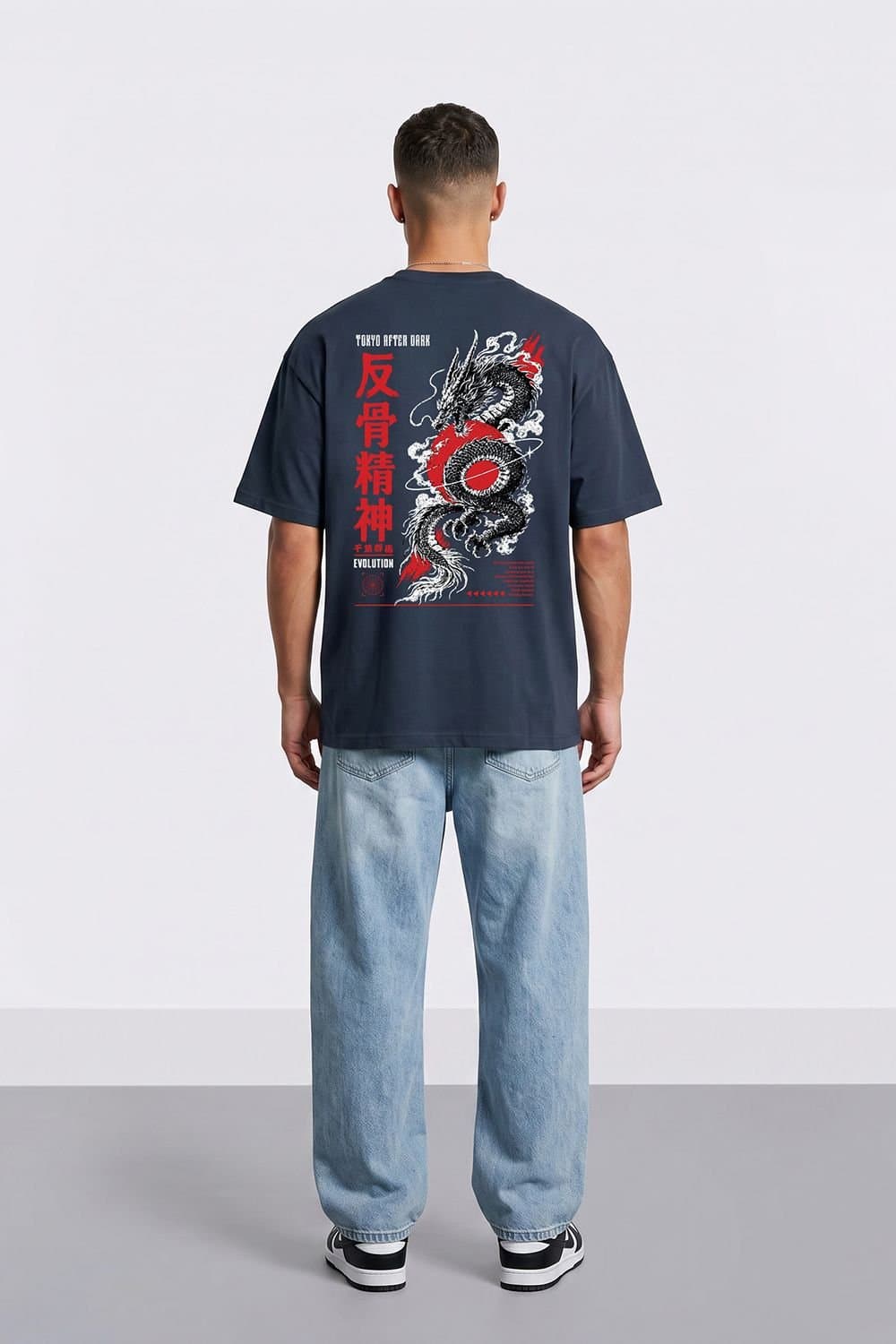 LONDON ATTITUDE LONDON ATTITUDE Men's Tokyo After Dark Dragon Oversized Heavyweight Graphic T-Shirt in Blue