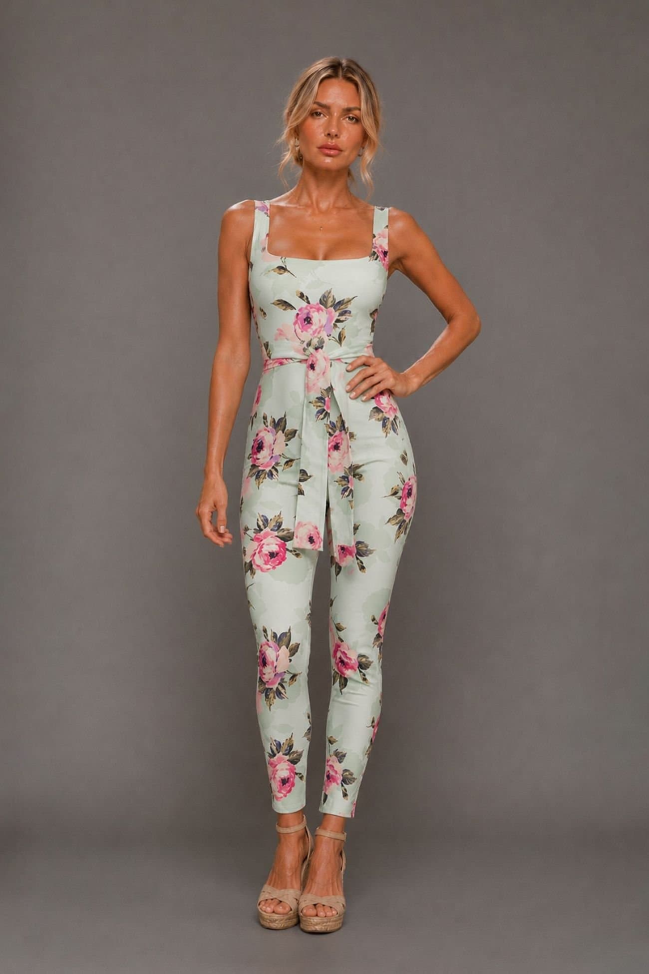 Vesper Vesper Women's Square Neck Slim Leg jumpsuit in Mint