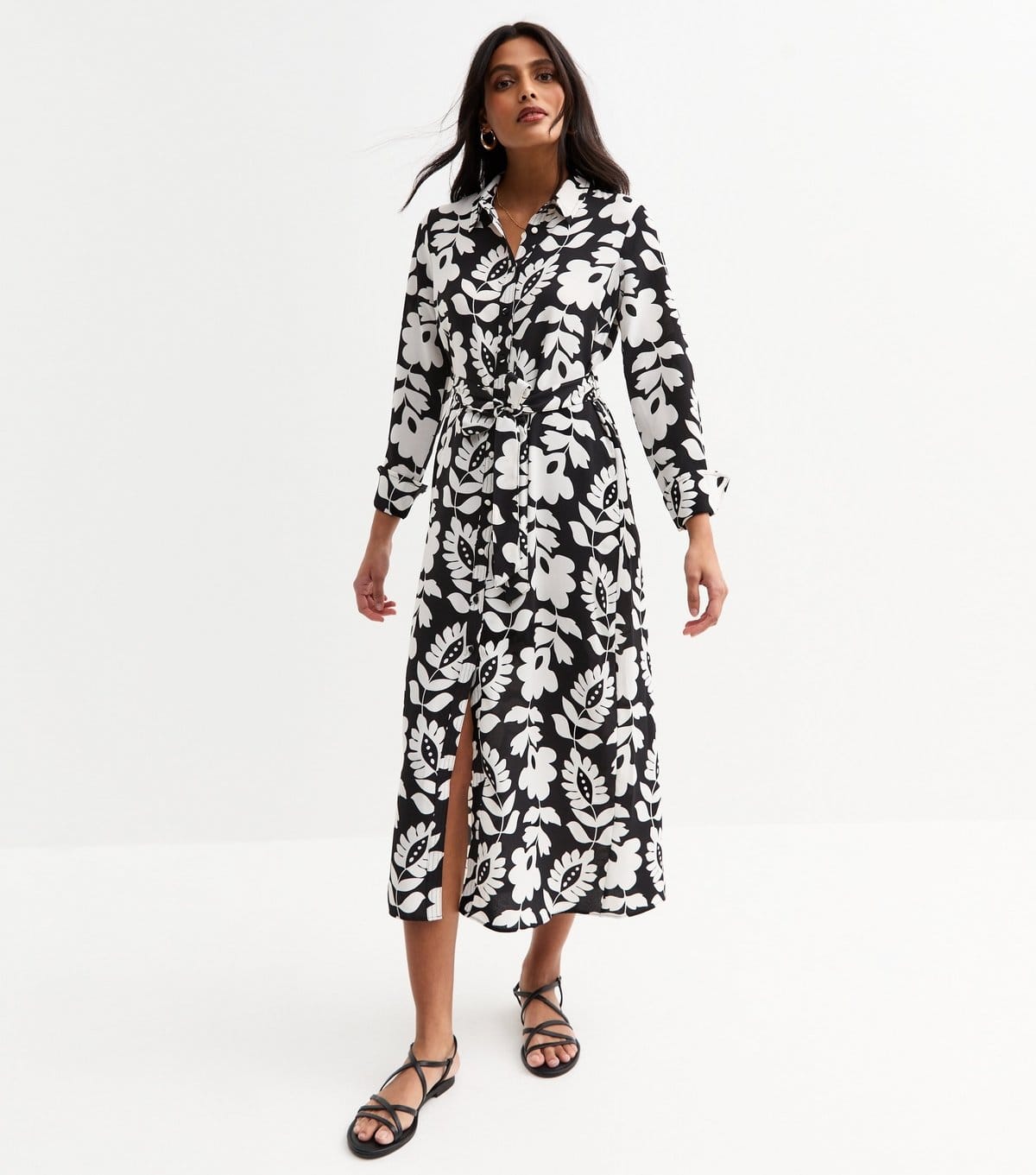 New Look Black Floral Print Belted Midi Dress