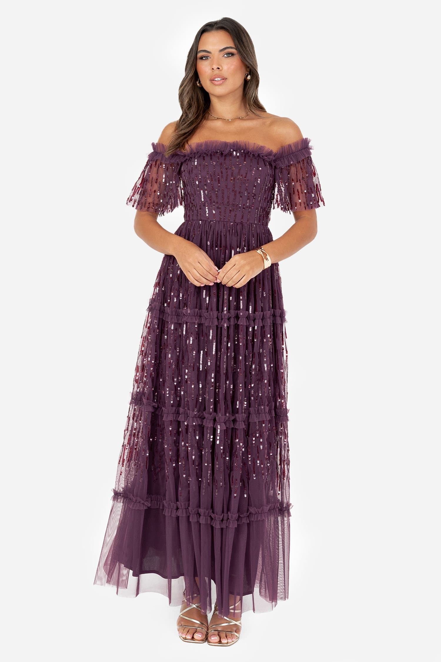 Maya Deluxe Maya Deluxe Women's Sequin Bardot Maxi Dress in Grape