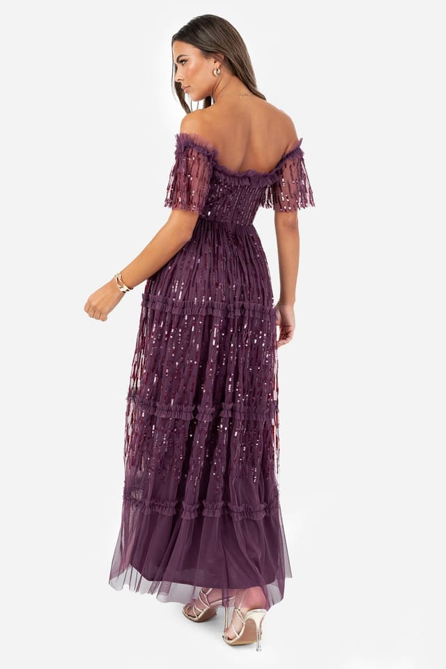 Maya Deluxe Maya Deluxe Women's Sequin Bardot Maxi Dress in Grape - 2