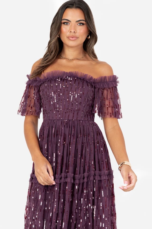 Maya Deluxe Maya Deluxe Women's Sequin Bardot Maxi Dress in Grape - 3