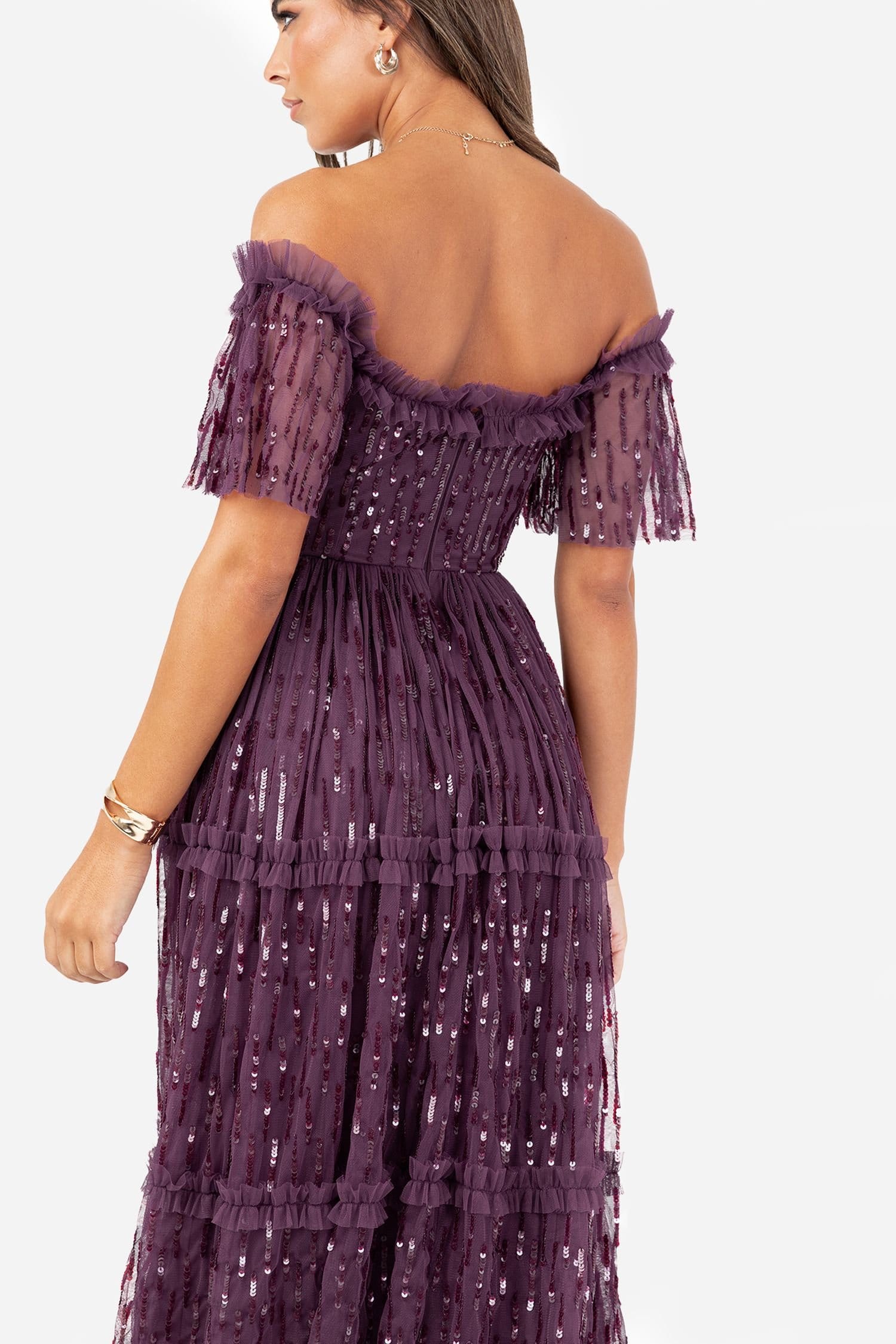 Maya Deluxe Maya Deluxe Women's Sequin Bardot Maxi Dress in Grape - 4