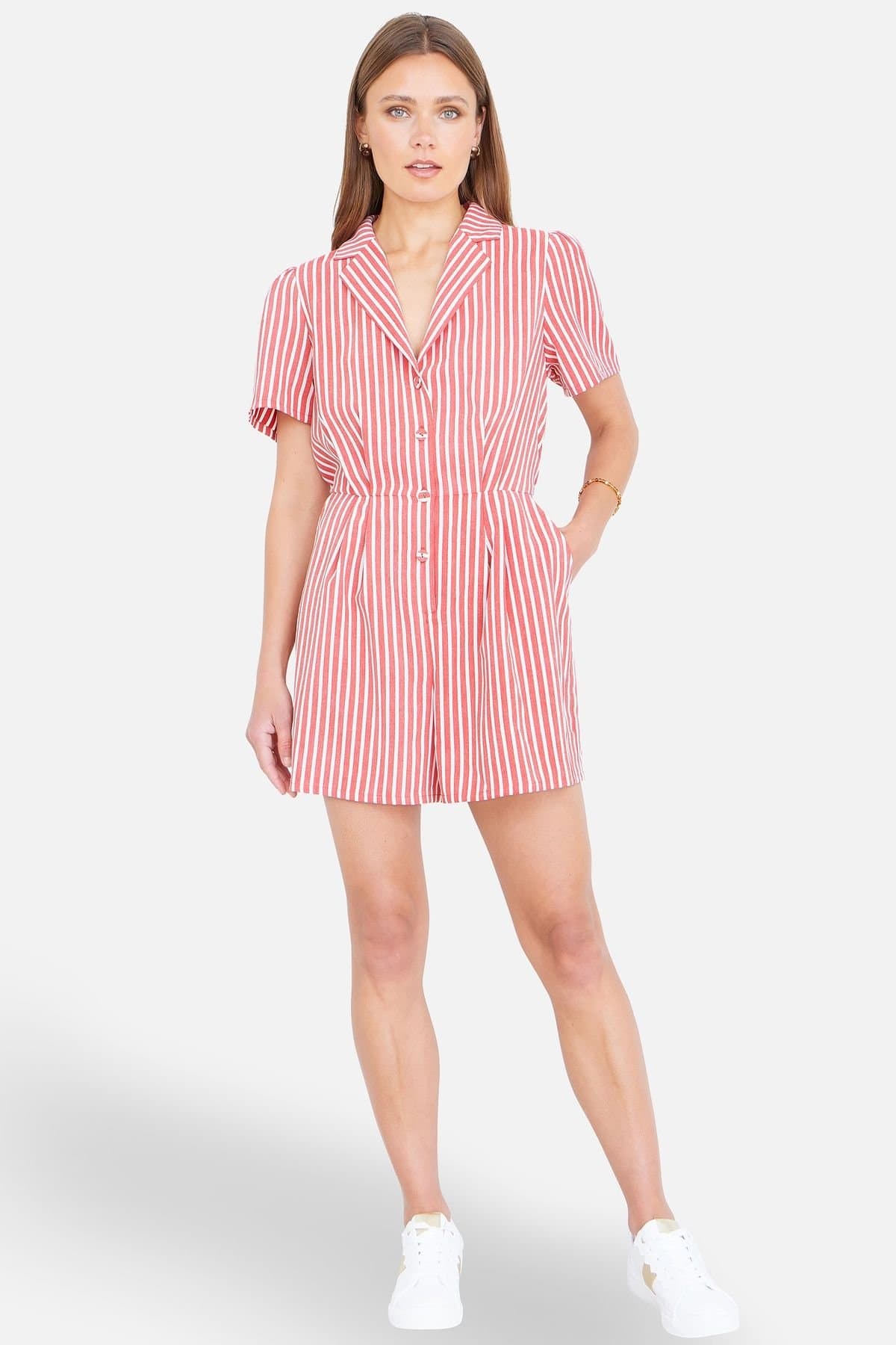 Yumi Yumi Women's Stripe Retro Playsuit in Light Red