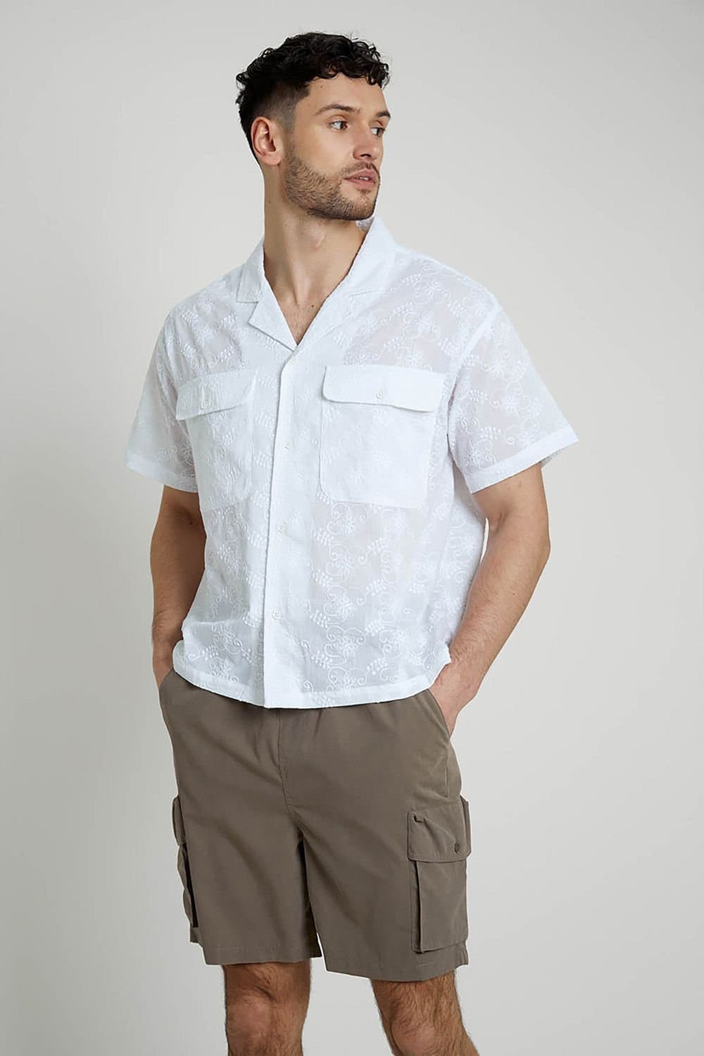 Native youth Native Youth Men's Cotton Short Sleeve Lightweight Jacquard Relaxed Shirt in White