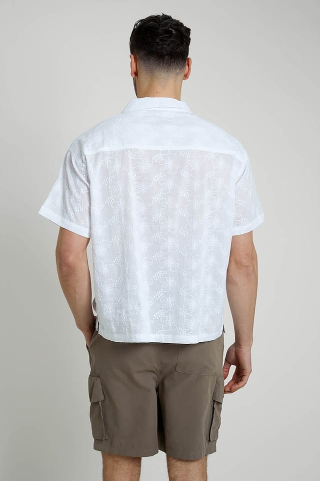 Native Youth Native Youth Men's Cotton Short Sleeve Lightweight Jacquard Relaxed Shirt in White - 2