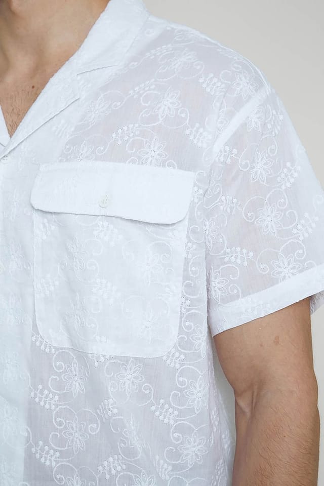 Native Youth Native Youth Men's Cotton Short Sleeve Lightweight Jacquard Relaxed Shirt in White - 3