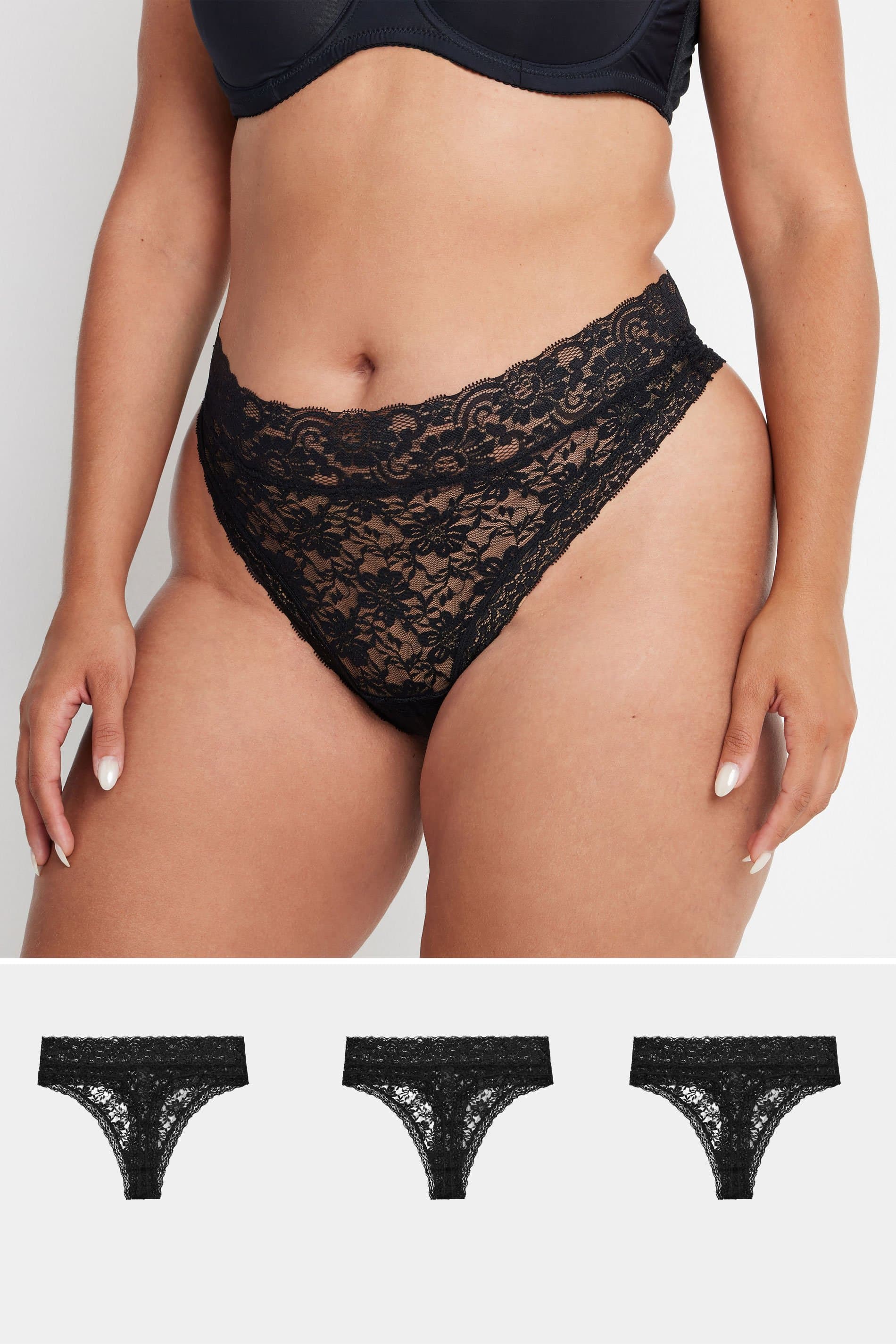 Yours 3 Pack Plus Size Black Lace High Waisted Thongs