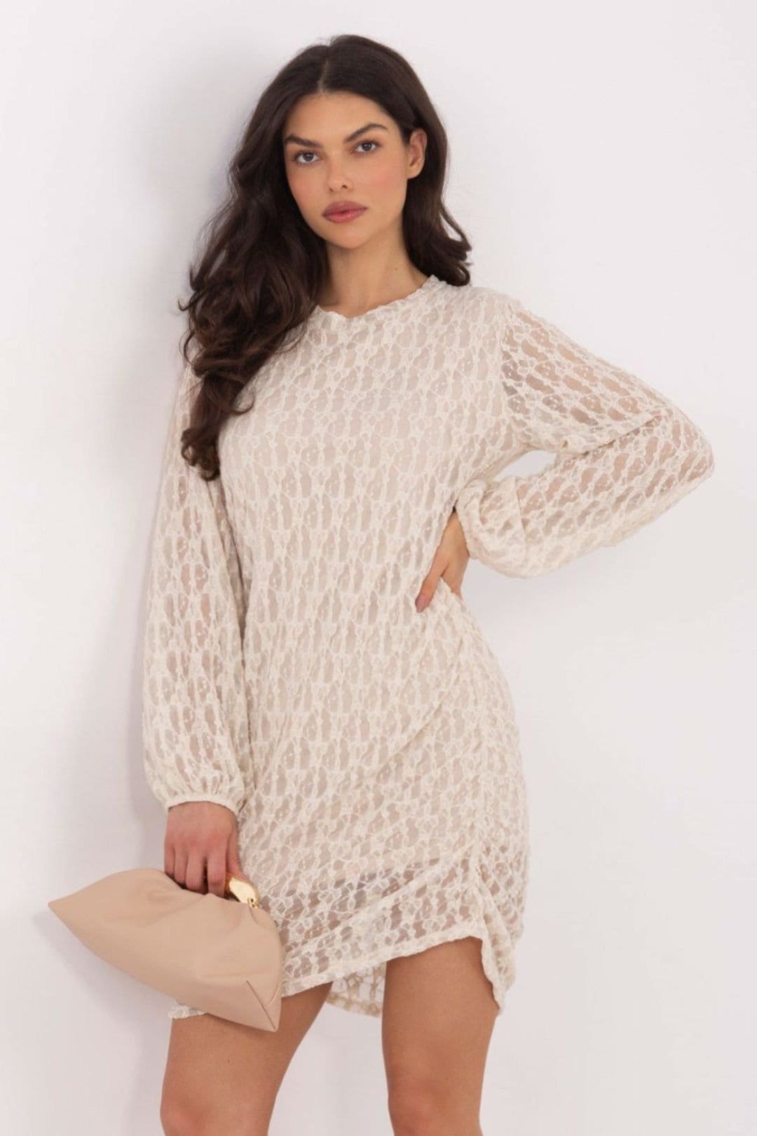 Love Lace Love Lace Women's Lace Mini Dress With Ruched Waist Puffs in Beige - 4