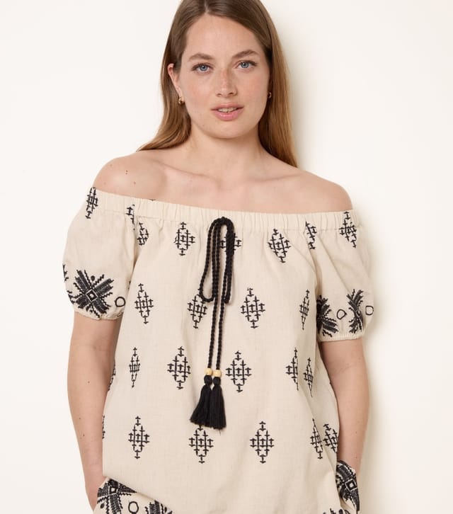 Blue Vanilla Women's Stone Cotton Linen Embroidered Bardot Top Blue Vanilla New Look - 3