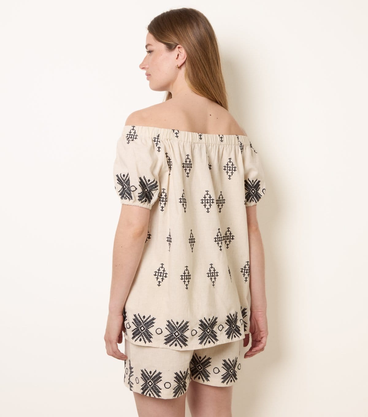 Blue Vanilla Women's Stone Cotton Linen Embroidered Bardot Top Blue Vanilla New Look - 4