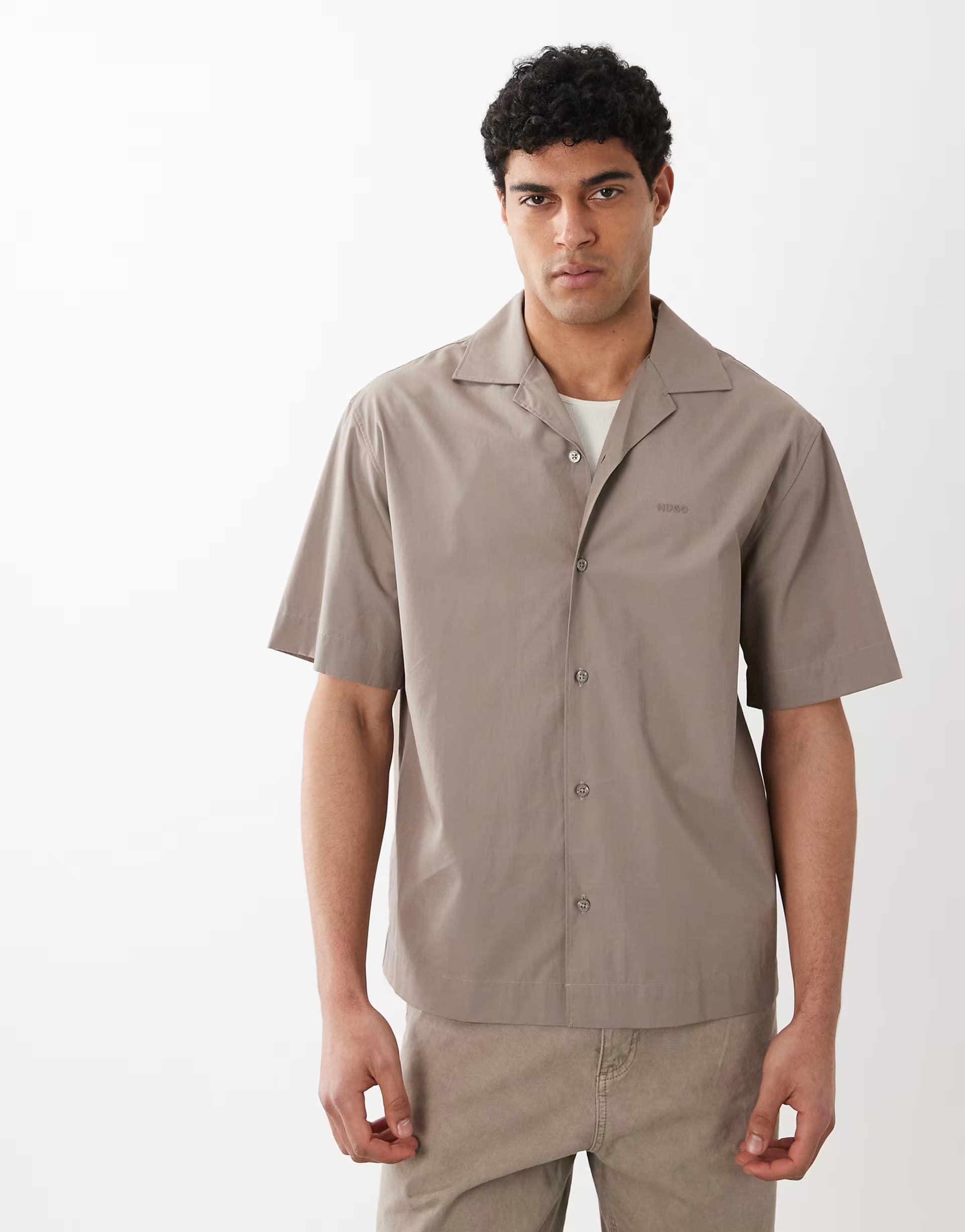 ASOS HUGO Red logo oversized short sleeve shirt in light brown