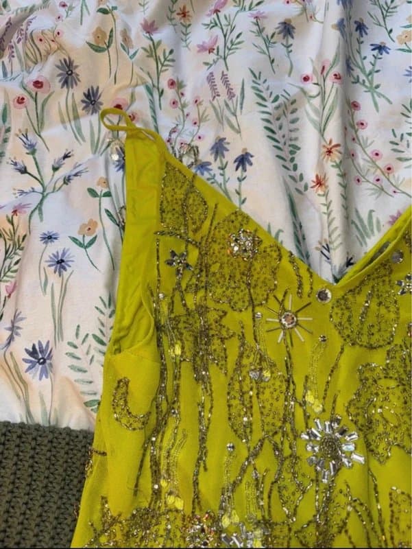 ASOS ASOS size 8 embellished yellow/lime green slip dress tassels beaded luxe