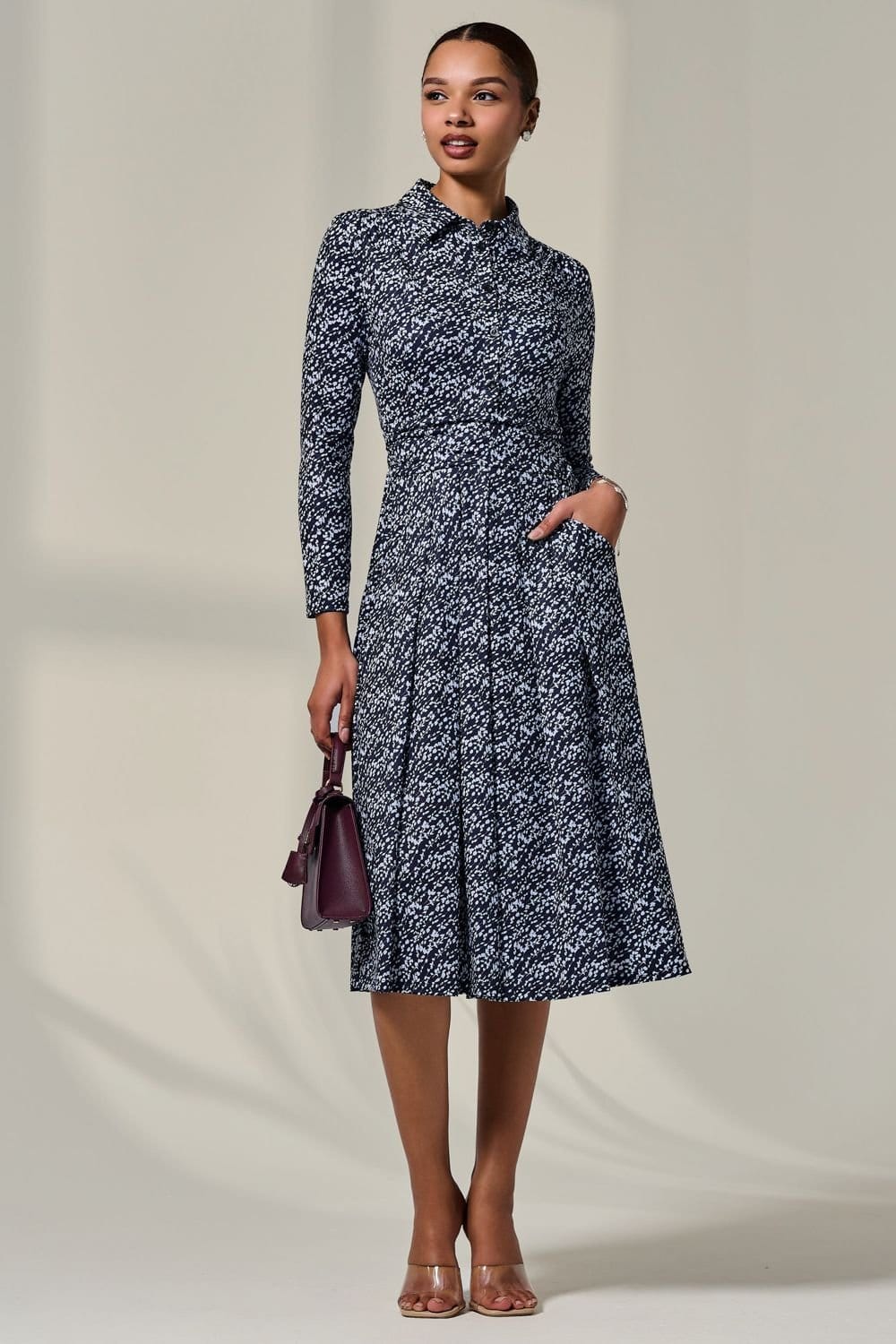 Jolie Moi Jolie Moi Women's Long Sleeve Button Up Midi Dress in Navy - 4