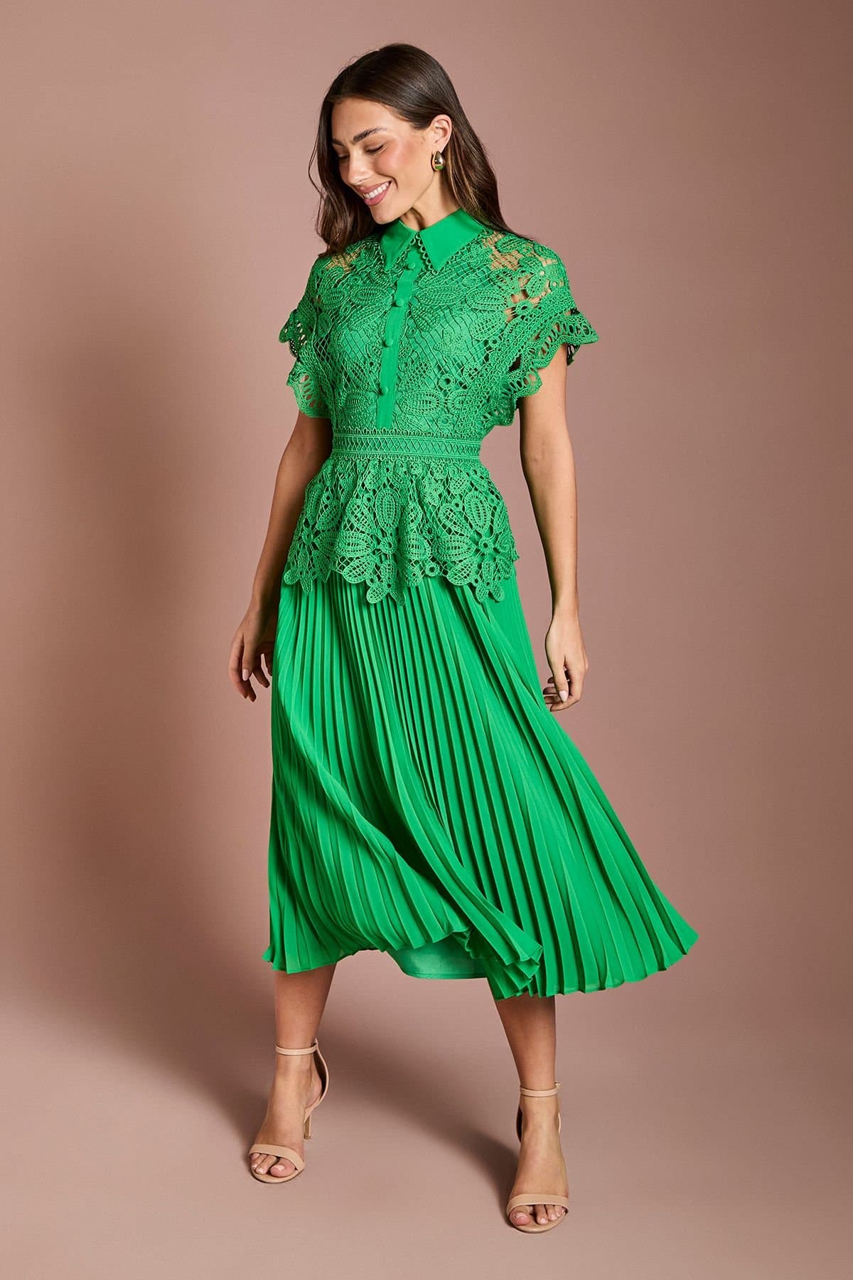 Coast Coast Women's Collared Lace Top Pleated Skirt Midi Dress in Green