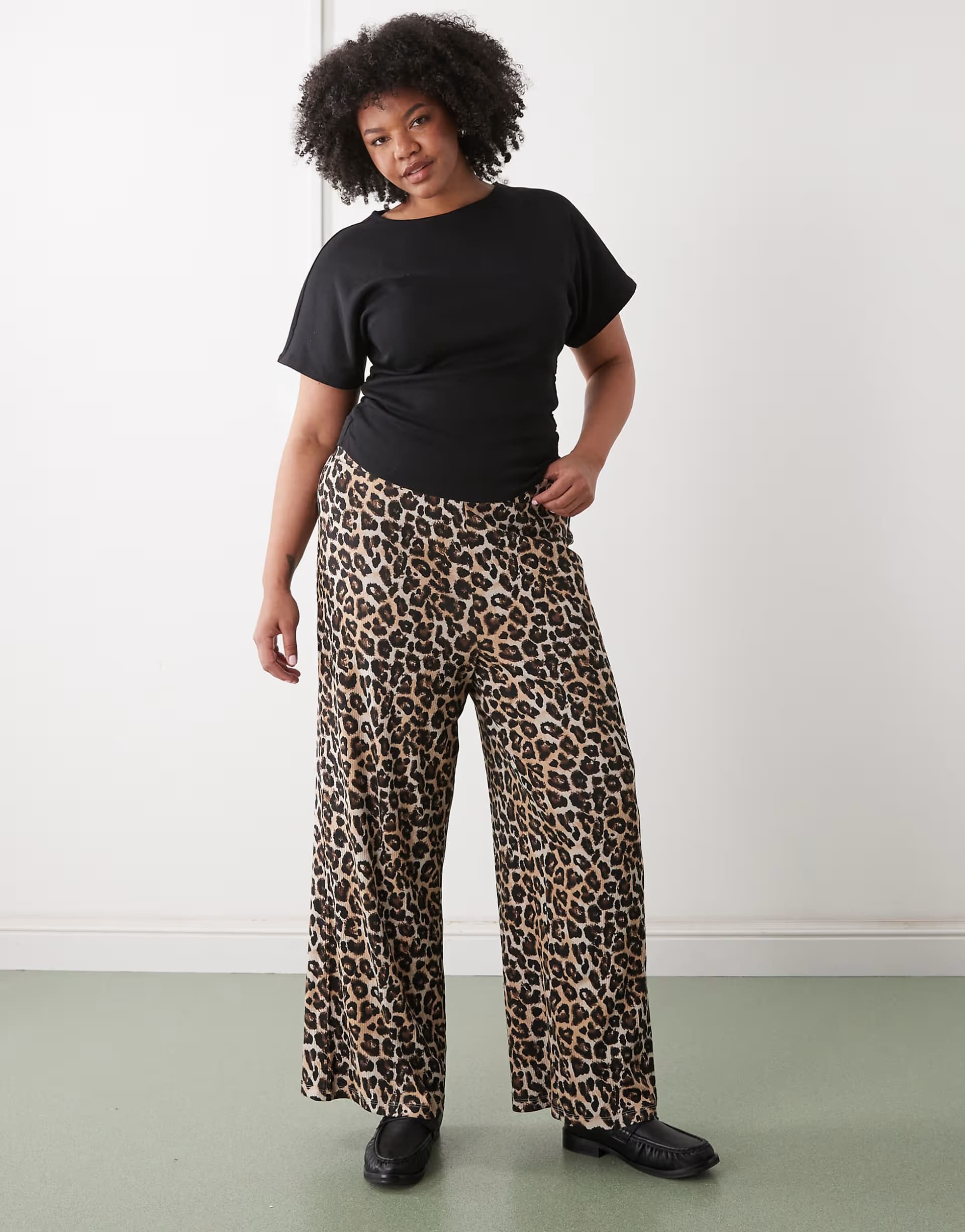 ASOS Noisy May Curve wide leg ribbed trouser in leopard print