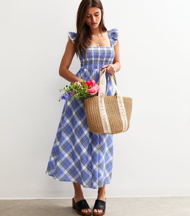 New Look Women's Blue Check Print Shirred Frill Strap Midi Dress New Look - 3