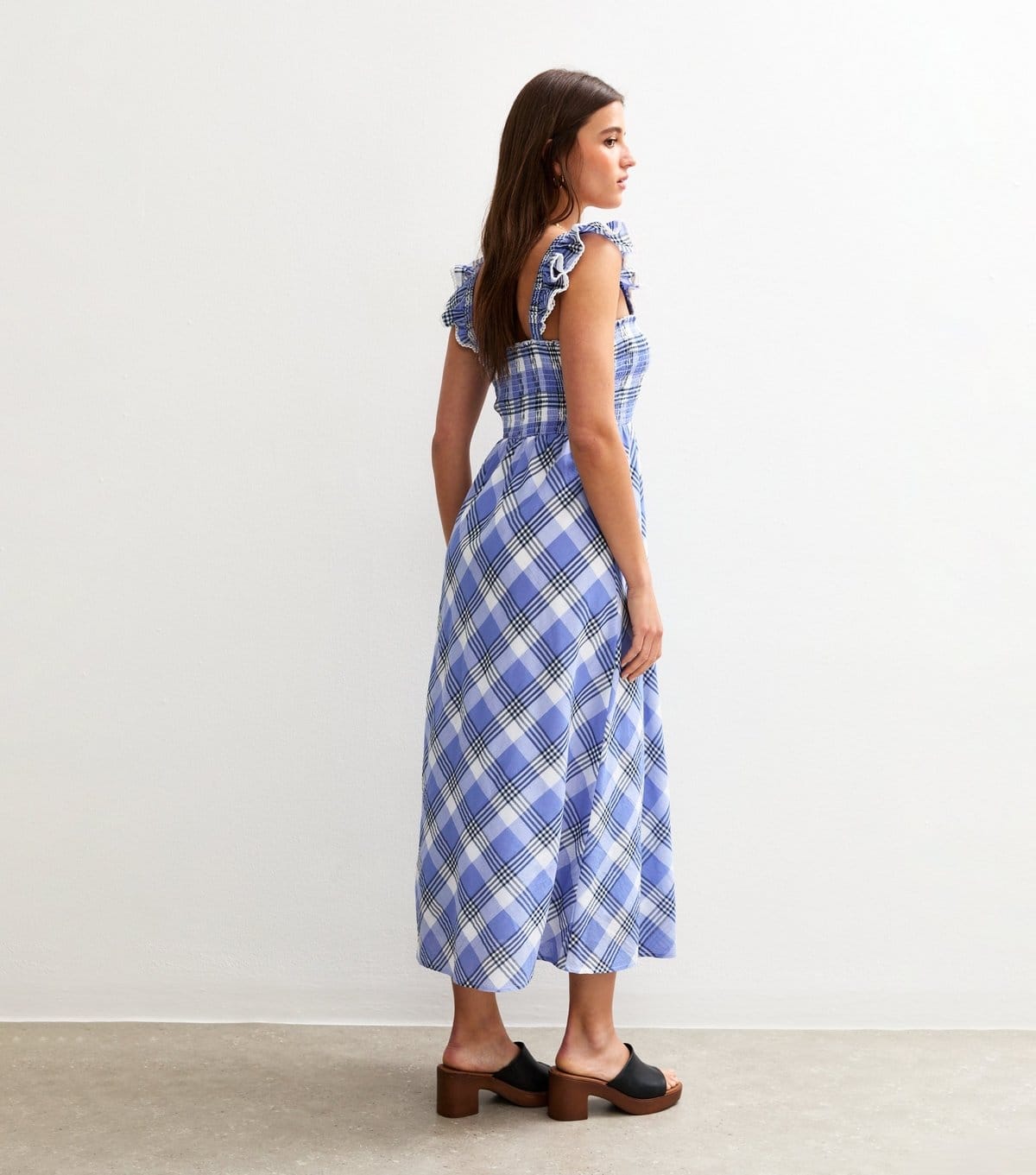 New Look Women's Blue Check Print Shirred Frill Strap Midi Dress New Look - 4
