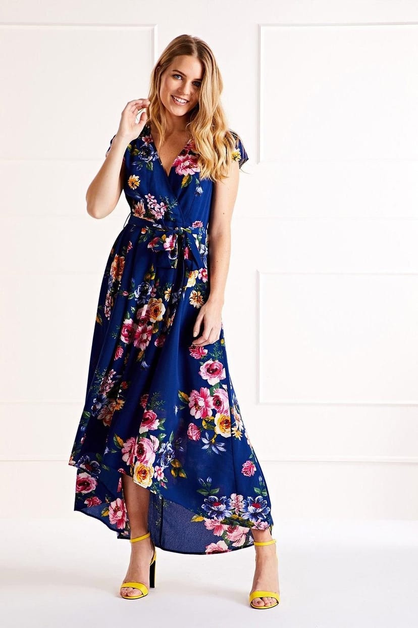 Mela Mela Women's Blue Floral Wrap Over Dipped Hem Midi Dress in Navy - 1
