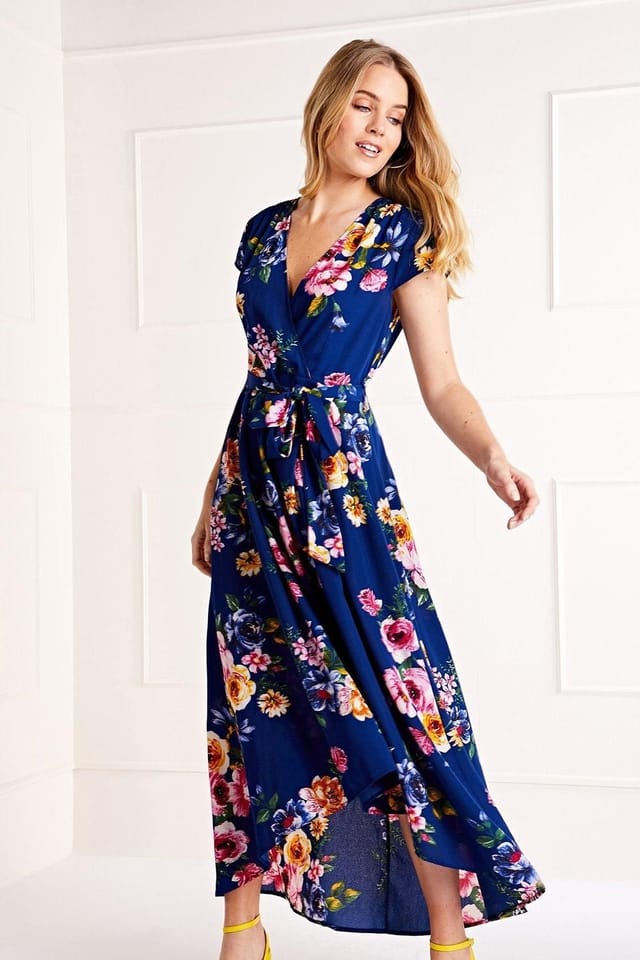 Mela Mela Women's Blue Floral Wrap Over Dipped Hem Midi Dress in Navy - 2